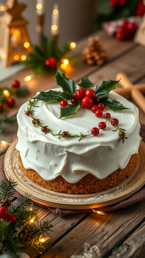 Traditional Christmas cake covered in marzipan with festive decorations on a wooden table.
